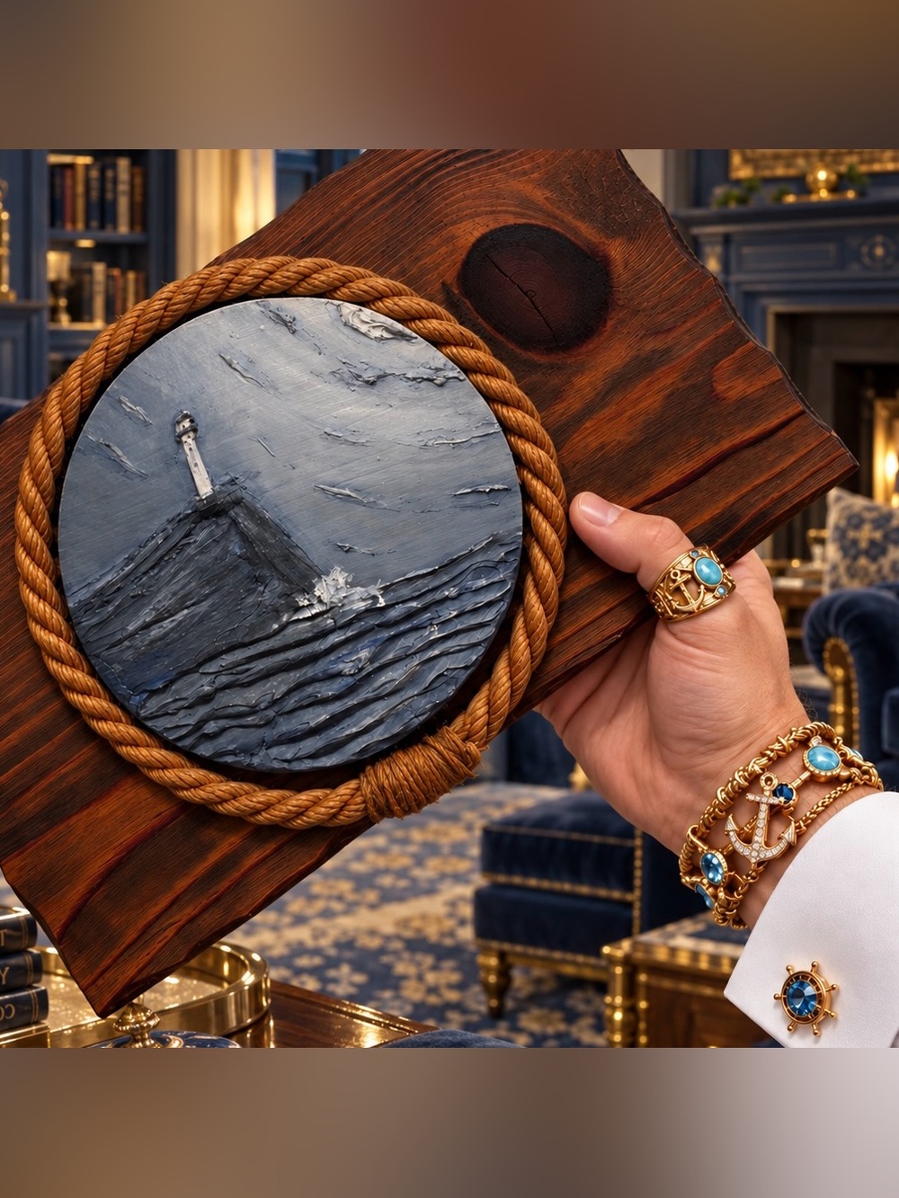 LRG Original Vintage Fine Art Lighthouse Nautical Oil Painting Solid Wood Plaque